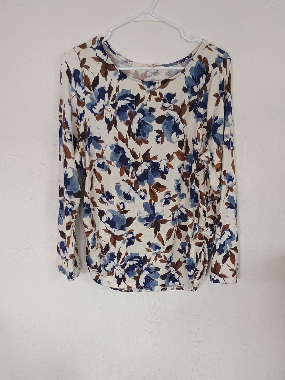 Cream Floral Long-Sleeve Top with Blue and Brown Print